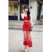 فستان أحمر ماكسي بتصميم جديد من القطن والتل الشفاف