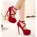 حذاء أحمر مثير ذو كعب عالي ورفيع مزين بشرائط