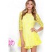 فستان أصفر دانتيل ذو كم طويل العنق مستدير 