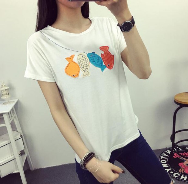 SimpleKoreanFishEmbroideryCasualT-Shirt-ZMK032522