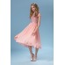 فستان طويل من الشيفون الوردي مزين بالدانتيل ذا أكمام قصيرة