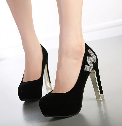 2014AutumnNewestWomenPumpElegantCharmingDiamondDecoratedBlackRoundToeChunkyHeelPartyWearPump-YXT080101BA