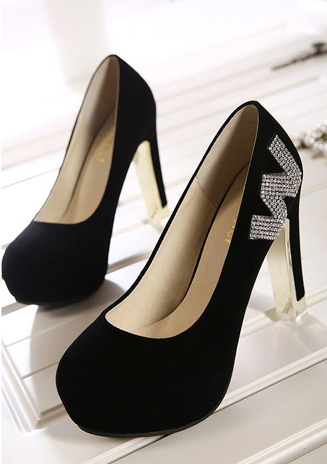 2014AutumnNewestWomenPumpElegantCharmingDiamondDecoratedBlackRoundToeChunkyHeelPartyWearPump-YXT080101BA