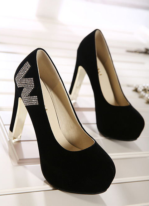 2014AutumnNewestWomenPumpElegantCharmingDiamondDecoratedBlackRoundToeChunkyHeelPartyWearPump-YXT080101BA