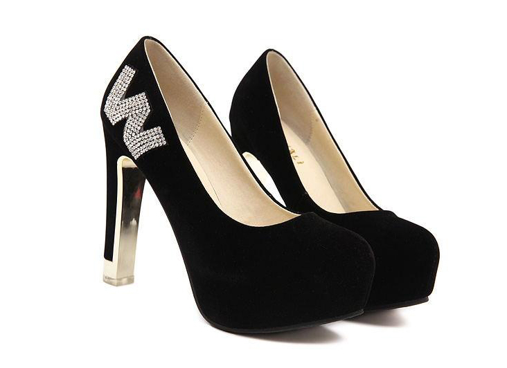 2014AutumnNewestWomenPumpElegantCharmingDiamondDecoratedBlackRoundToeChunkyHeelPartyWearPump-YXT080101BA