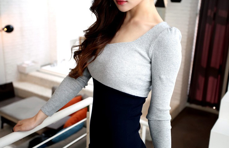 2014AutumnWholesaleSexyDressForWomenBodyconCharmingColorBlockLongSleeveWrapDailyStreetWearDress-YXT081223