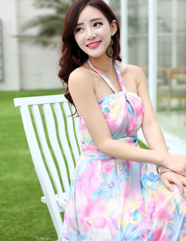 2014BeachStyleDressHalterLooseFloralPatternBacklessDressChiffonMaxiDress-ZMT111402