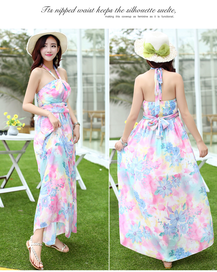 2014BeachStyleDressHalterLooseFloralPatternBacklessDressChiffonMaxiDress-ZMT111402