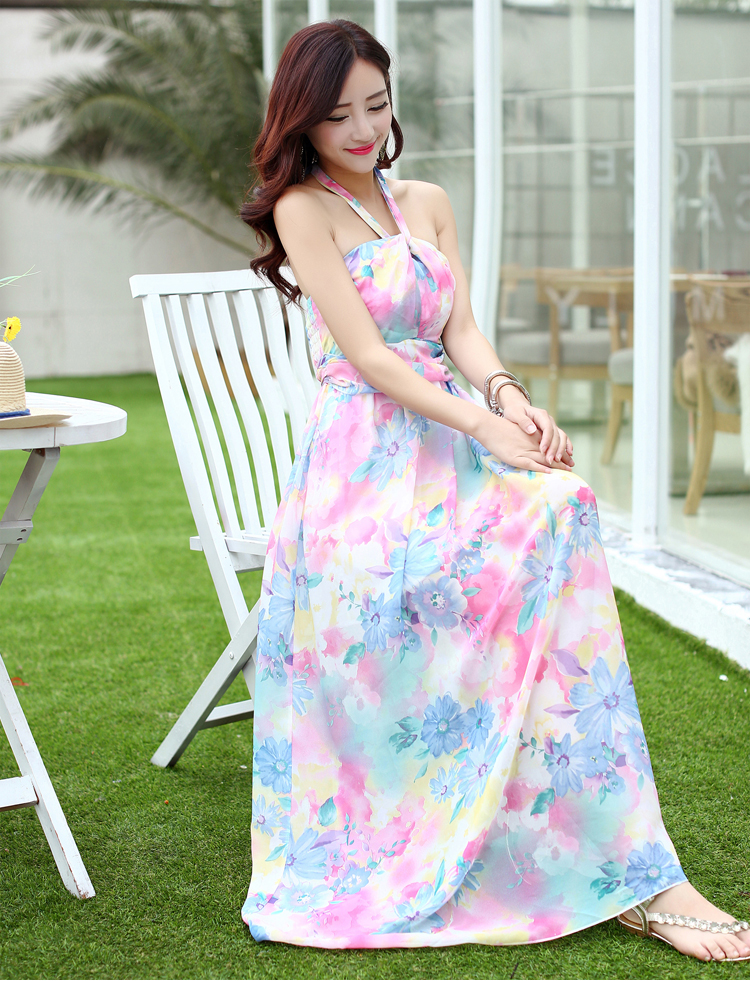 2014BeachStyleDressHalterLooseFloralPatternBacklessDressChiffonMaxiDress-ZMT111402