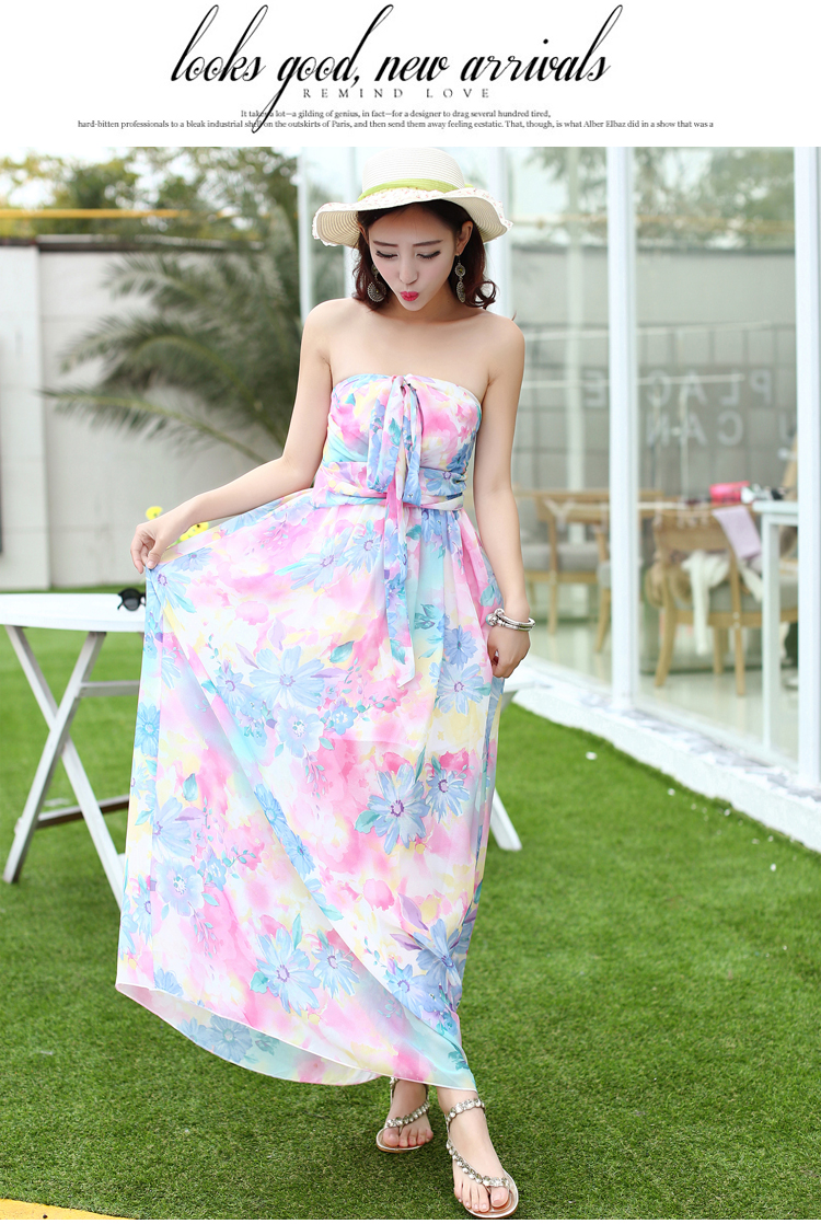 2014BeachStyleDressHalterLooseFloralPatternBacklessDressChiffonMaxiDress-ZMT111402