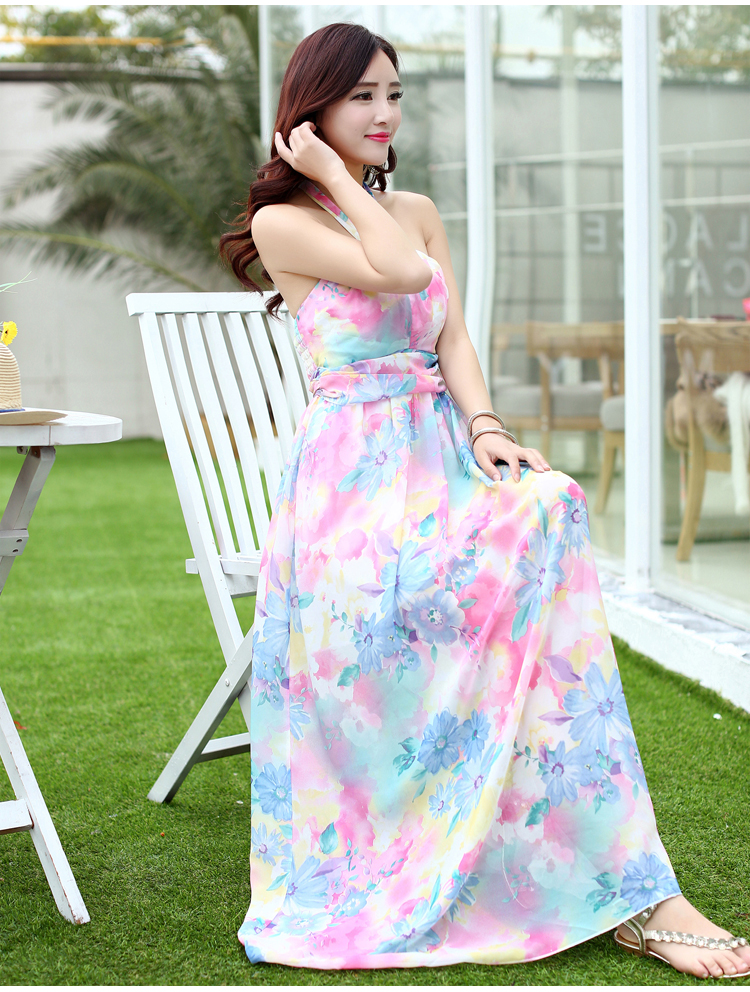 2014BeachStyleDressHalterLooseFloralPatternBacklessDressChiffonMaxiDress-ZMT111402