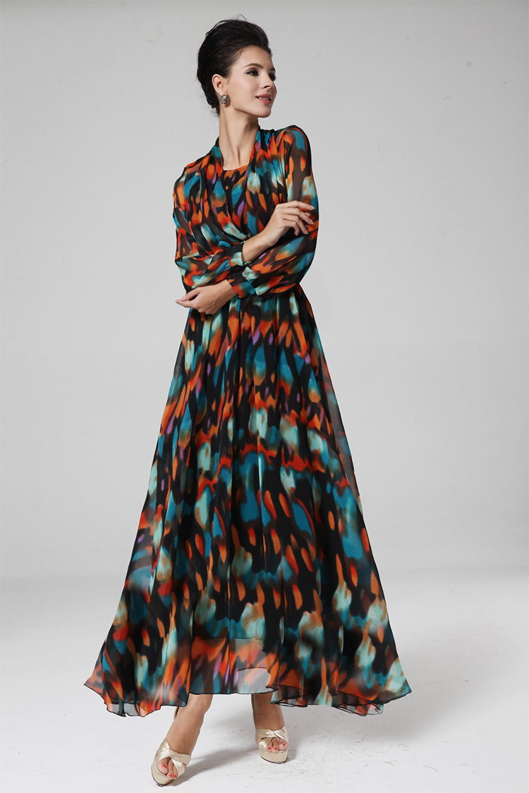 2014BohemianStyleDressFloralPatternLongSleeveFakeTwoPiecesDressChiffonMaxiDress-ZMT111818