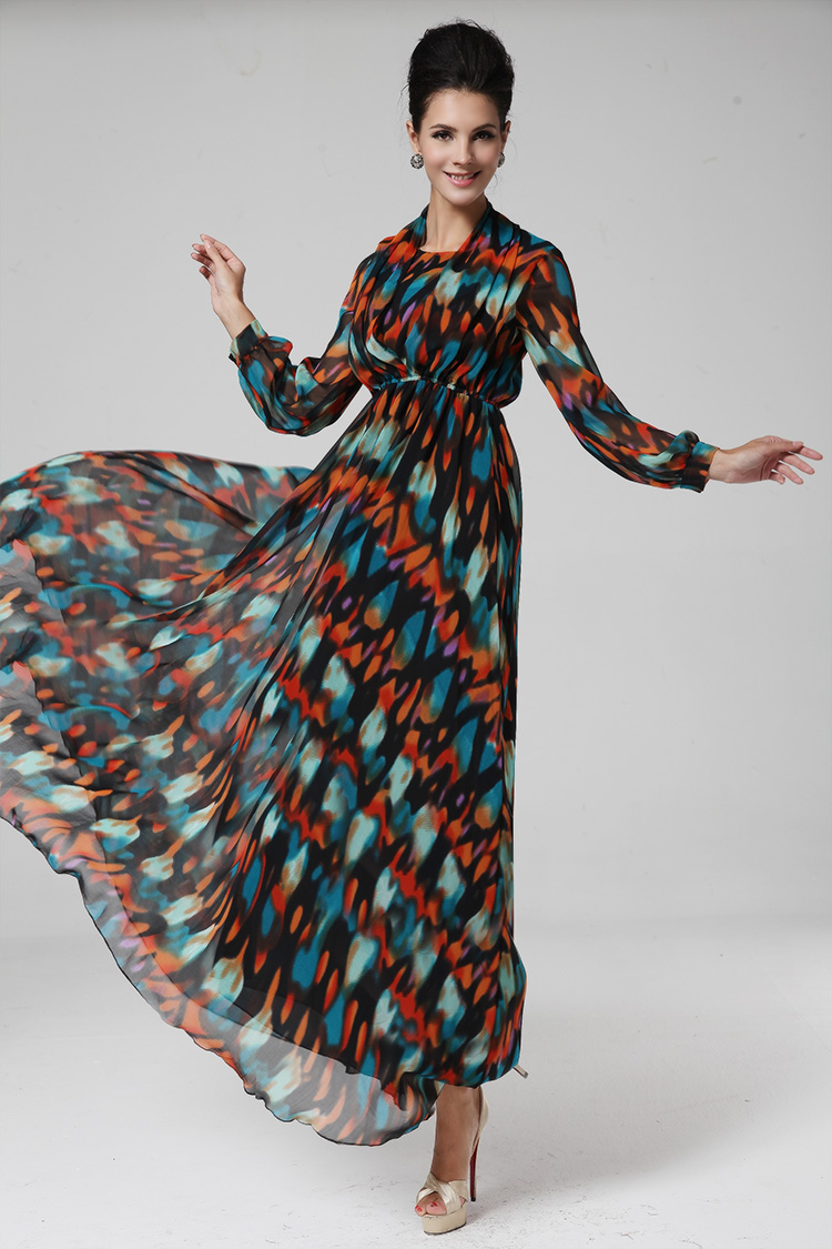 2014BohemianStyleDressFloralPatternLongSleeveFakeTwoPiecesDressChiffonMaxiDress-ZMT111818