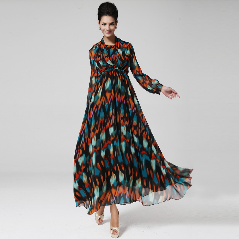 2014BohemianStyleDressFloralPatternLongSleeveFakeTwoPiecesDressChiffonMaxiDress-ZMT111818