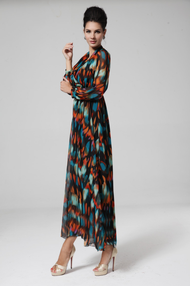 2014BohemianStyleDressFloralPatternLongSleeveFakeTwoPiecesDressChiffonMaxiDress-ZMT111818