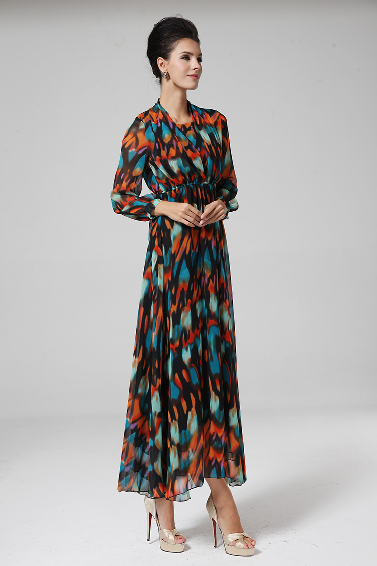 2014BohemianStyleDressFloralPatternLongSleeveFakeTwoPiecesDressChiffonMaxiDress-ZMT111818