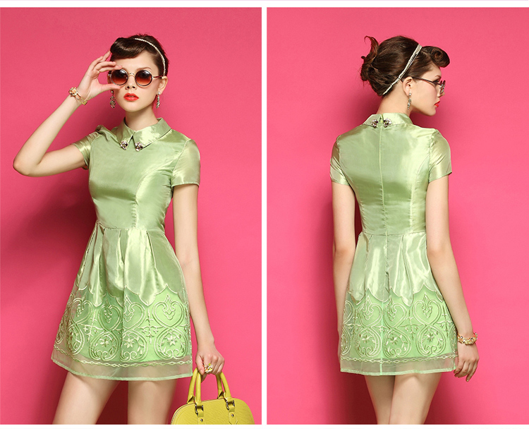 2014CourtTemperamentStyleDressFloralPatternLapelEmbroideryDressGreenPolyester-ZST101017GE