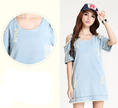 2014ExquisiteQualityHotDenimKnittedSkullsPatternRaglanShortSleeveRoundNeckHolePocketsDress-PFT042524