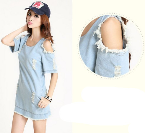 2014ExquisiteQualityHotDenimKnittedSkullsPatternRaglanShortSleeveRoundNeckHolePocketsDress-PFT042524