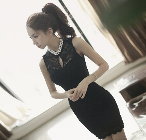 2014FashionStyleWomenSleevelessDressPureColorBeadingRoundCollarSleevelessShortBlackLaceDress-JFT120418BA