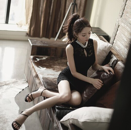 2014FashionStyleWomenSleevelessDressPureColorBeadingRoundCollarSleevelessShortBlackLaceDress-JFT120418BA