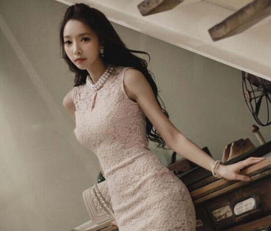 2014FashionStyleWomenSleevelessDressPureColorBeadingRoundCollarSleevelessShortWhiteLaceDress-JFT120418WI