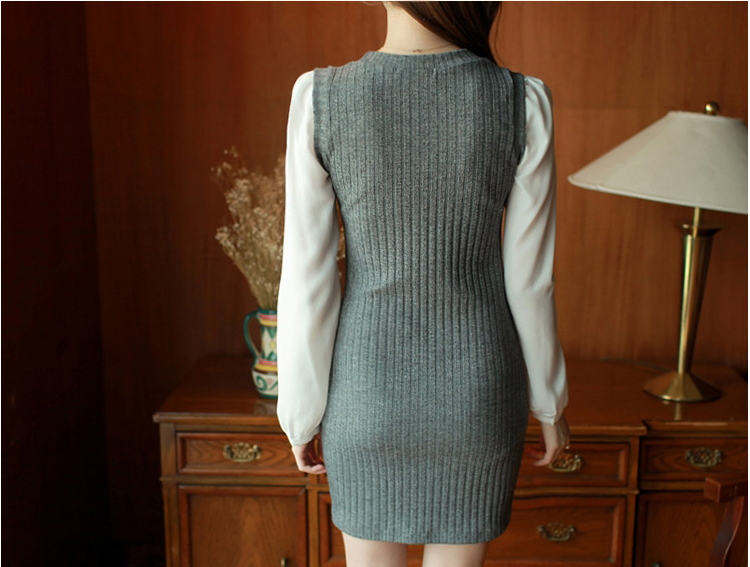 2014KoreaLatestDressHollowOutColorBlockWrapDressChiffonMatchingGrayCasualDress-ZMT111416GA