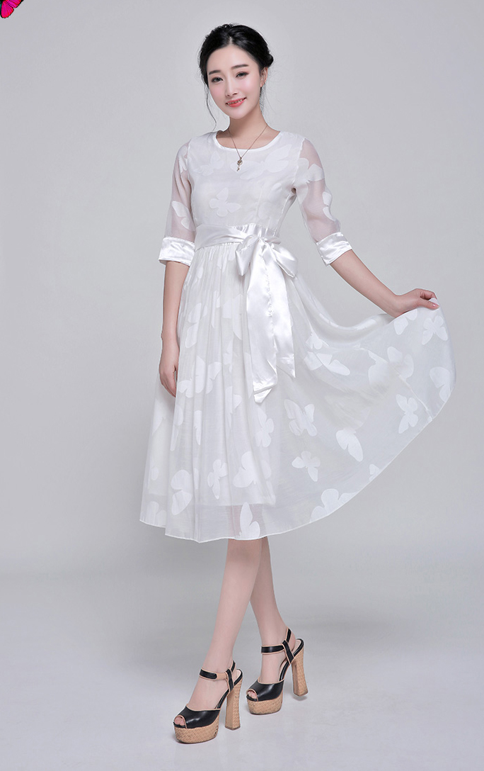 2014KoreaPrincessDressFloralPatternHalfSleeveDressBandageWhiteCasualDress-ZMT120502WI