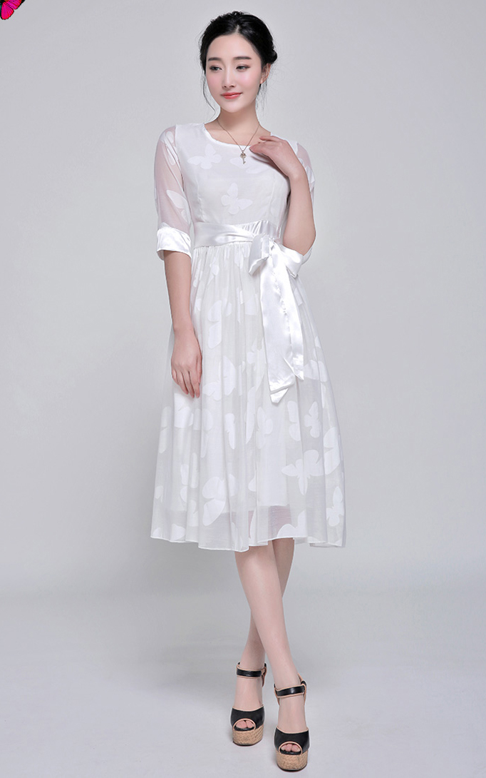 2014KoreaPrincessDressFloralPatternHalfSleeveDressBandageWhiteCasualDress-ZMT120502WI