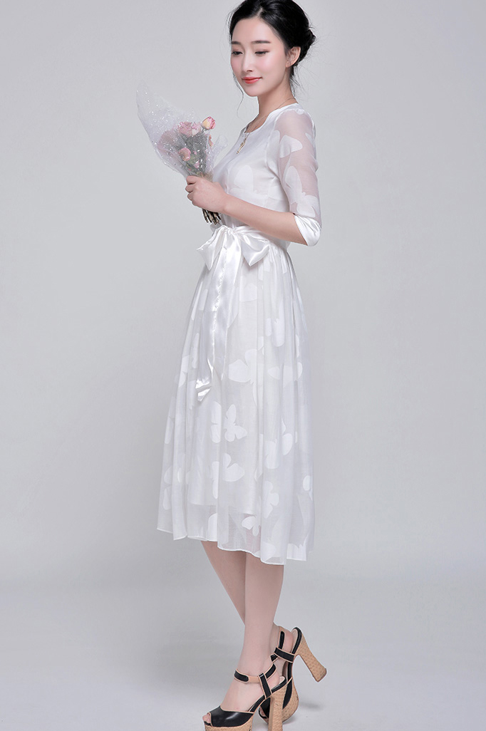 2014KoreaPrincessDressFloralPatternHalfSleeveDressBandageWhiteCasualDress-ZMT120502WI