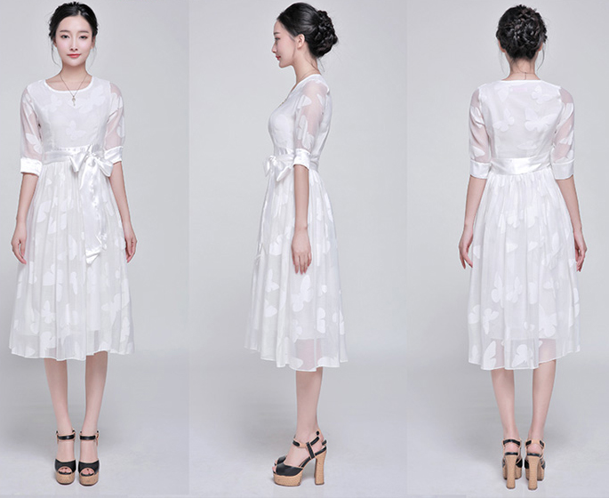 2014KoreaPrincessDressFloralPatternHalfSleeveDressBandageWhiteCasualDress-ZMT120502WI