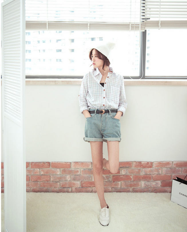 2014KoreanWomenTShirtCottonCardiganPlaidPreppyStyleWearForSale-ALT082502