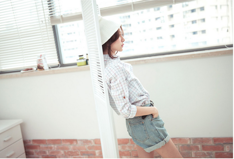 2014KoreanWomenTShirtCottonCardiganPlaidPreppyStyleWearForSale-ALT082502