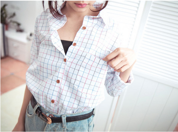 2014KoreanWomenTShirtCottonCardiganPlaidPreppyStyleWearForSale-ALT082502