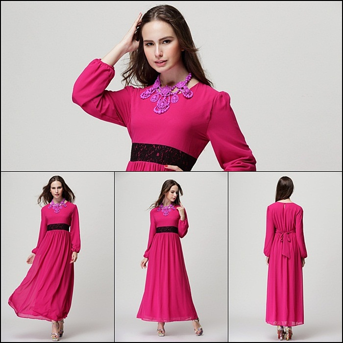 2014NewArrivalDressLaceMatchingLongSleeveChiffonDressRoseStreetStyleDress-ZMT111118RS