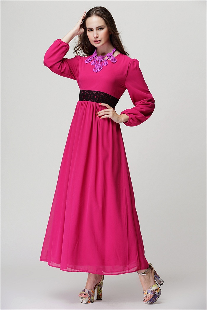 2014NewArrivalDressLaceMatchingLongSleeveChiffonDressRoseStreetStyleDress-ZMT111118RS