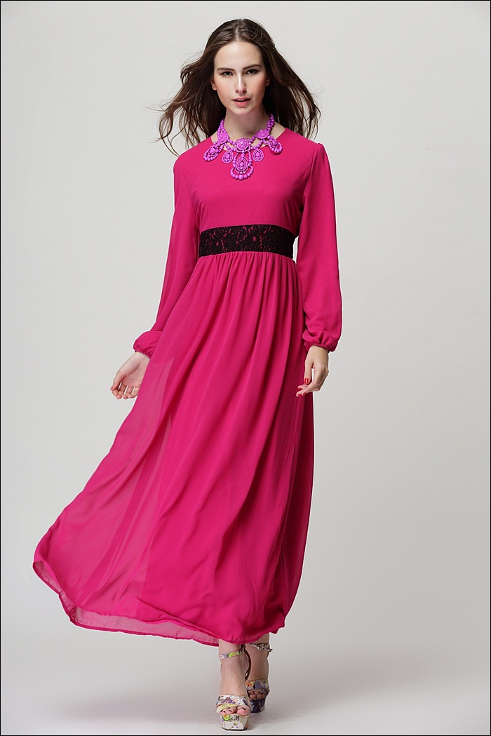 2014NewArrivalDressLaceMatchingLongSleeveChiffonDressRoseStreetStyleDress-ZMT111118RS