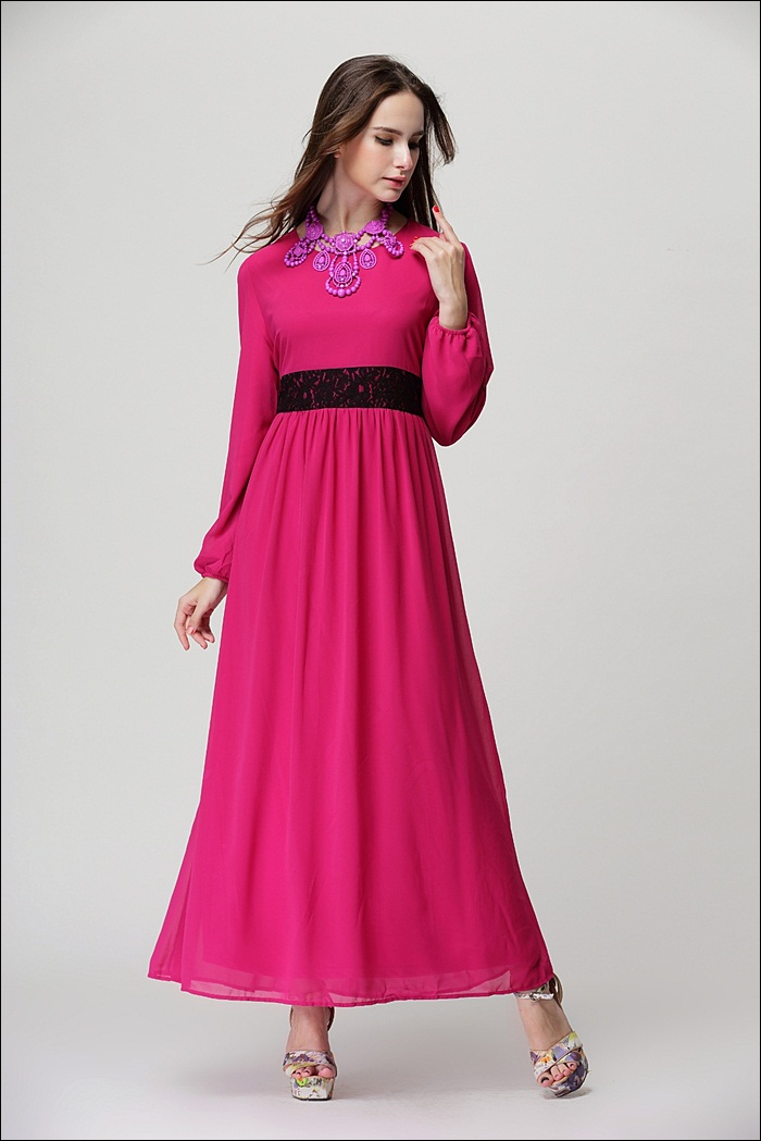 2014NewArrivalDressLaceMatchingLongSleeveChiffonDressRoseStreetStyleDress-ZMT111118RS