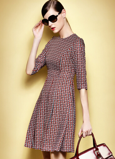 2014NewArrivalEuropeanCelebrityBrandVintageGracefulDressPulloverHalfSleevePrintedSmartWaistDressS-XL-XLT092511