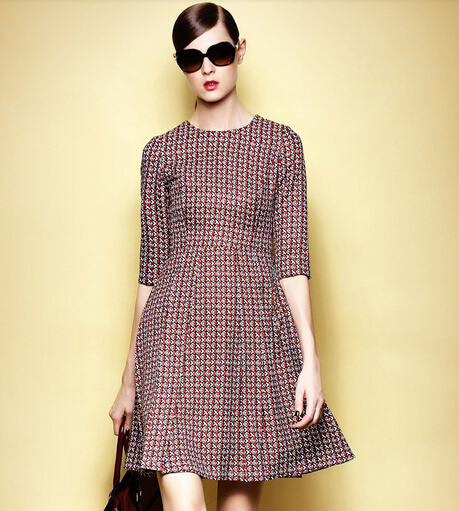 2014NewArrivalEuropeanCelebrityBrandVintageGracefulDressPulloverHalfSleevePrintedSmartWaistDressS-XL-XLT092511