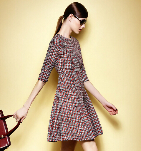 2014NewArrivalEuropeanCelebrityBrandVintageGracefulDressPulloverHalfSleevePrintedSmartWaistDressS-XL-XLT092511