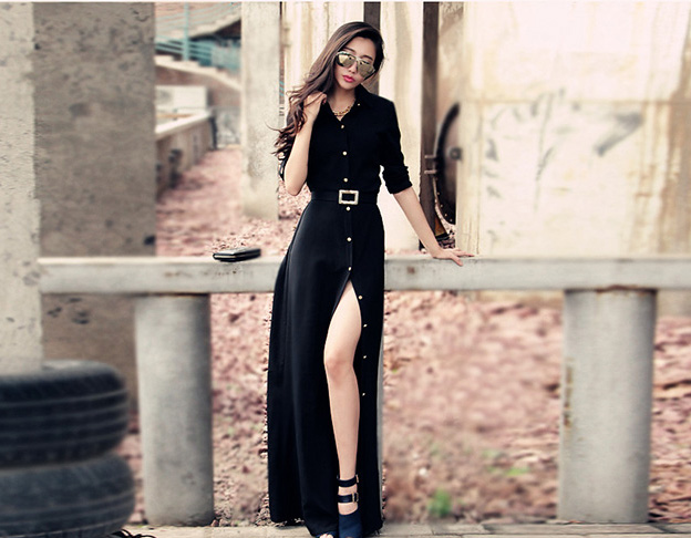 2014NewComingDressSingle-breastedLongSleeveDressLapelBlackMaxiDress-ZMT102820BA