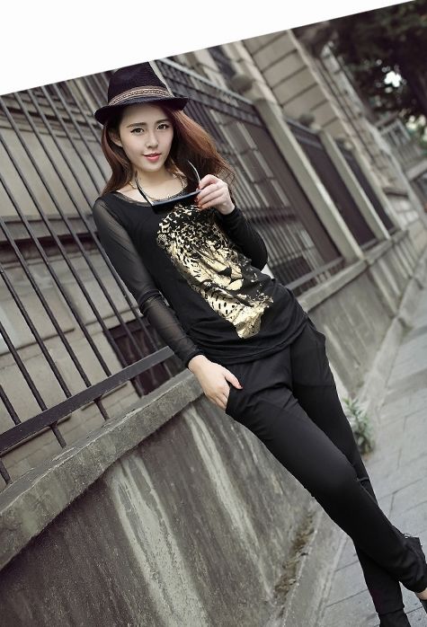 2014NewFashionVersatileT-ShirtPrettyCasualTigerHeadPatternLongSleeveBlackDailyWearWomenT-Shirt-YXT081109BA