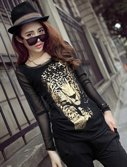 2014NewFashionVersatileT-ShirtPrettyCasualTigerHeadPatternLongSleeveBlackDailyWearWomenT-Shirt-YXT081109BA