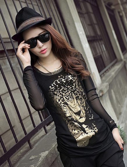 2014NewFashionVersatileT-ShirtPrettyCasualTigerHeadPatternLongSleeveBlackDailyWearWomenT-Shirt-YXT081109BA