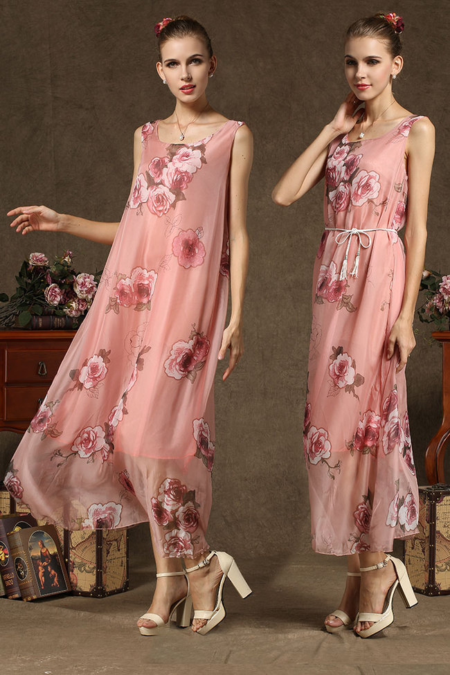 2014SummerHotSaleChiffonDressPrettyGracefulRosePatternRoundNeckSleevelessWomenFittedLongDress-YMT082630