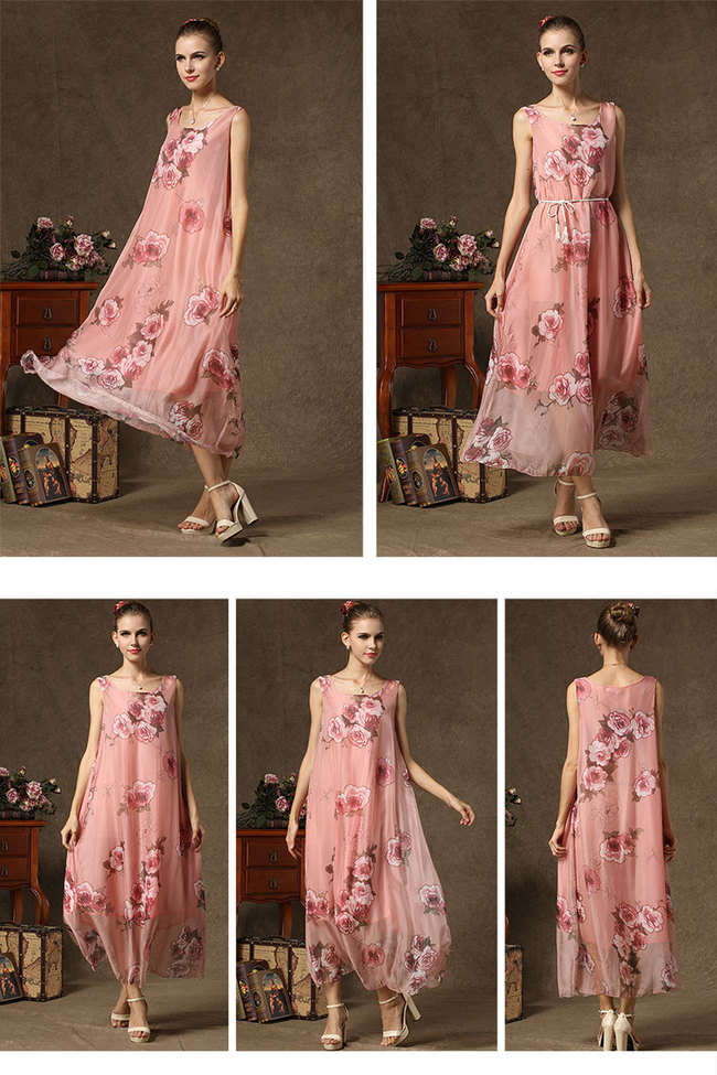 2014SummerHotSaleChiffonDressPrettyGracefulRosePatternRoundNeckSleevelessWomenFittedLongDress-YMT082630