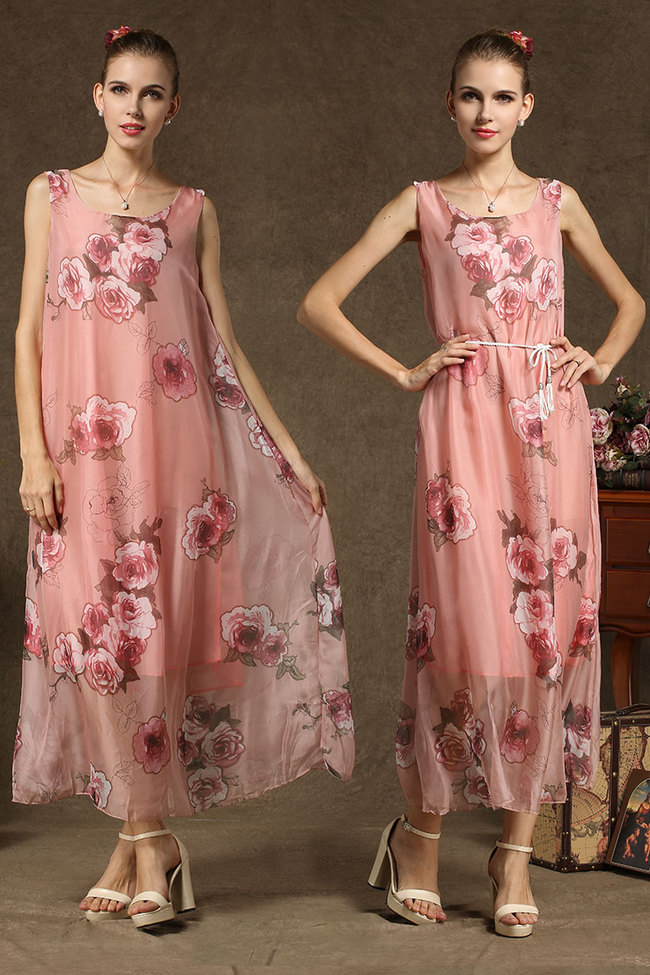 2014SummerHotSaleChiffonDressPrettyGracefulRosePatternRoundNeckSleevelessWomenFittedLongDress-YMT082630