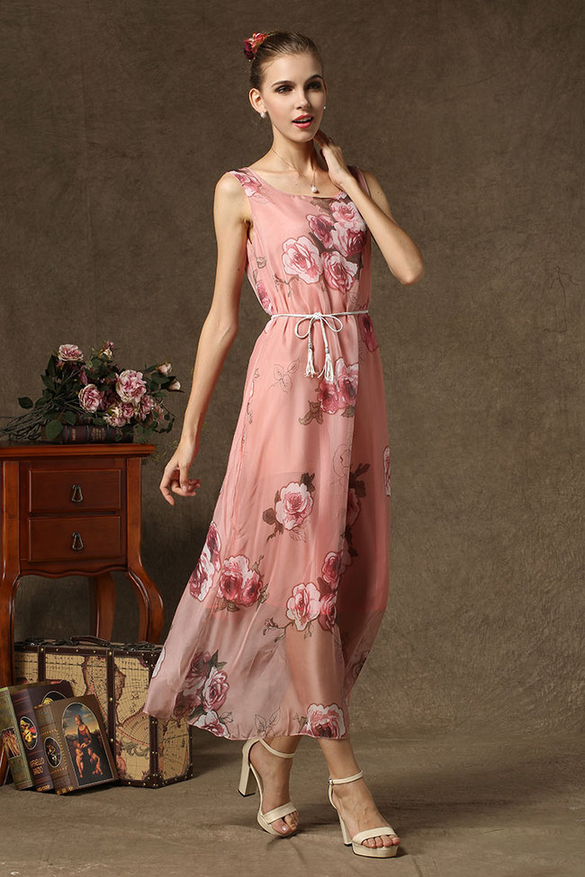 2014SummerHotSaleChiffonDressPrettyGracefulRosePatternRoundNeckSleevelessWomenFittedLongDress-YMT082630