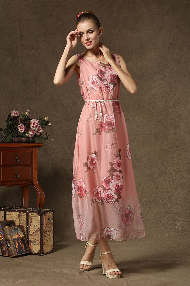 2014SummerHotSaleChiffonDressPrettyGracefulRosePatternRoundNeckSleevelessWomenFittedLongDress-YMT082630